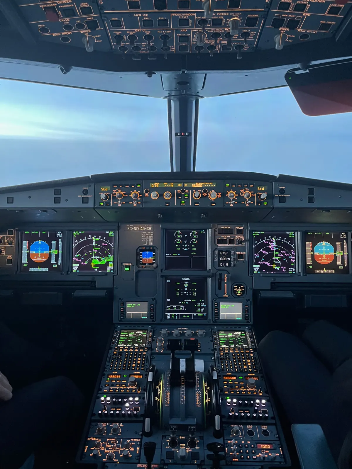 Кабина Airbus A320 в крейсерском полете на эшелоне 360